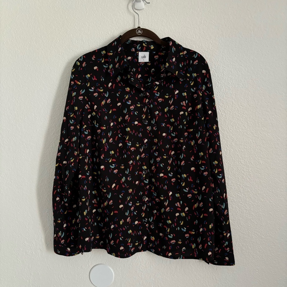 CAbi Women's Size Small Black Ferris Confetti Long Sleeve Button Front Top